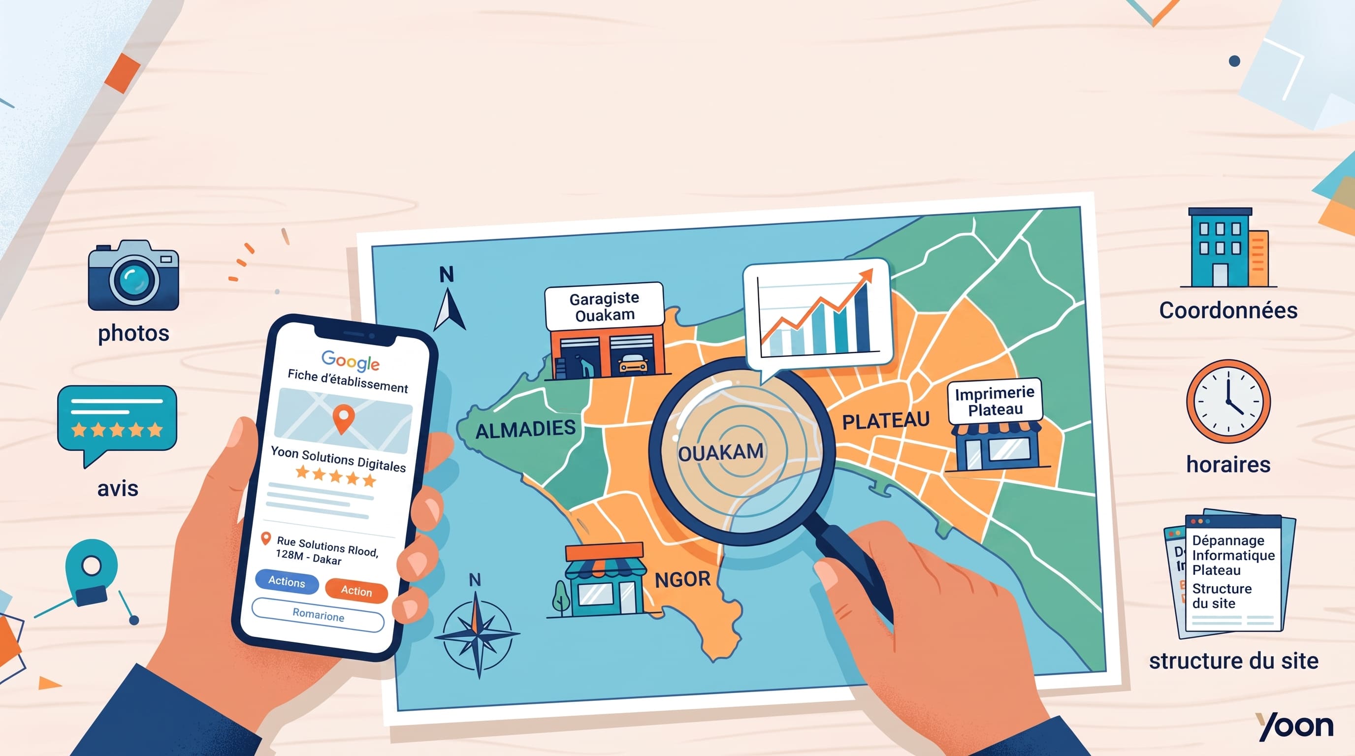 SEO local à Dakar : être trouvé par les clients de votre quartier — illustration Yoon